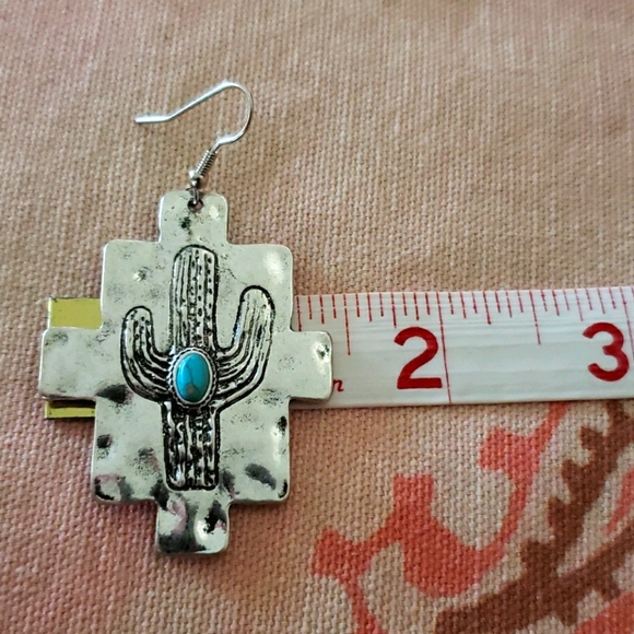 Turquoise Cactus Earrings. Silver. Western Boho - Picture 7 of 8
